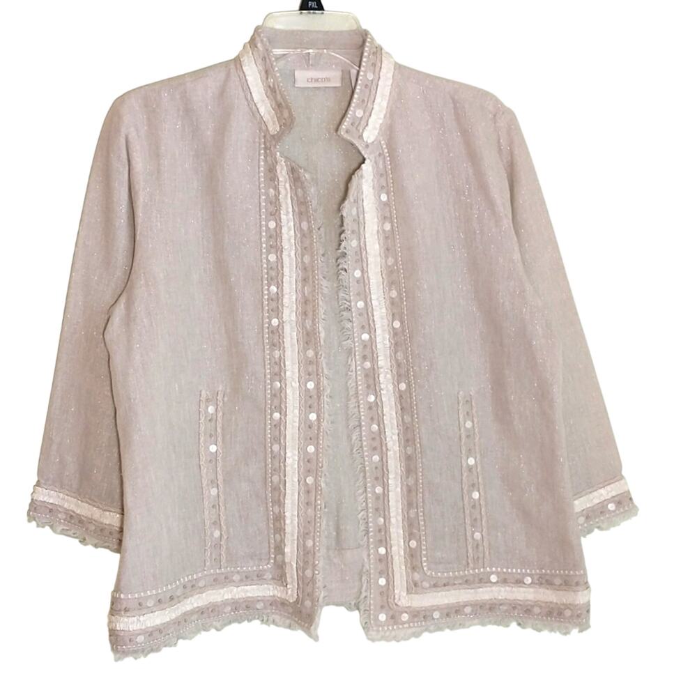 Chico's Linen Blazer Women's Sz M Tan Metallic 3/4 Sleeve Sequin Trim Open Front